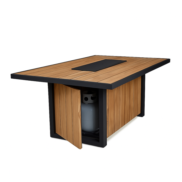 Outdoor Fire Table Designed for Entertaining, 60 In Linear Burner, Wood-Grain Composite Top, Steel Frame