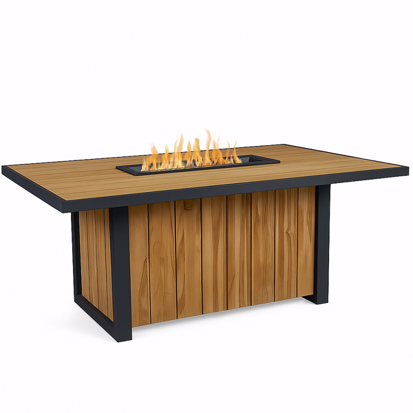 Outdoor Fire Table Designed for Entertaining, 60 In Linear Burner, Wood-Grain Composite Top, Steel Frame