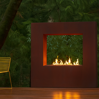 Corten Steel Outdoor Fireplace Designed for Modern Terraces, 65,000 BTU Linear Burner, Pass-Through Viewing Window