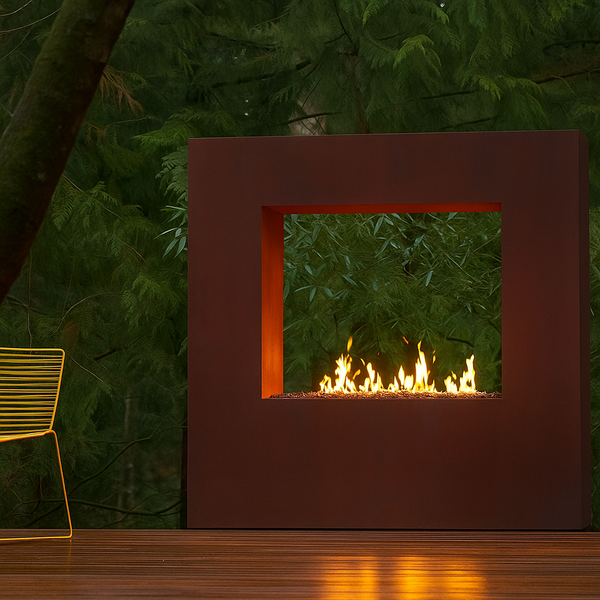 Corten Steel Outdoor Fireplace Designed for Modern Terraces, 65,000 BTU Linear Burner, Pass-Through Viewing Window