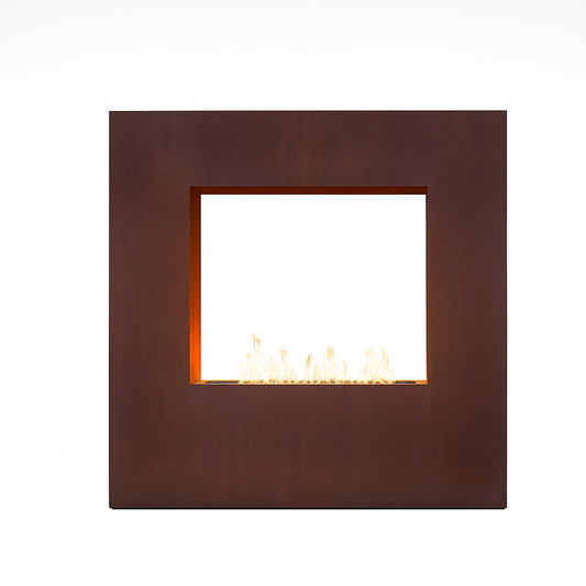 Corten Steel Outdoor Fireplace Designed for Modern Terraces, 65,000 BTU Linear Burner, Pass-Through Viewing Window