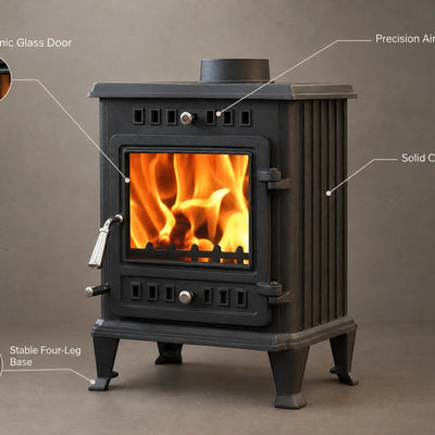 Cast Iron Fireplace Stove Crafted for Classic Warmth, Panoramic Glass Door, 9 kW Heat Output, Airflow Control