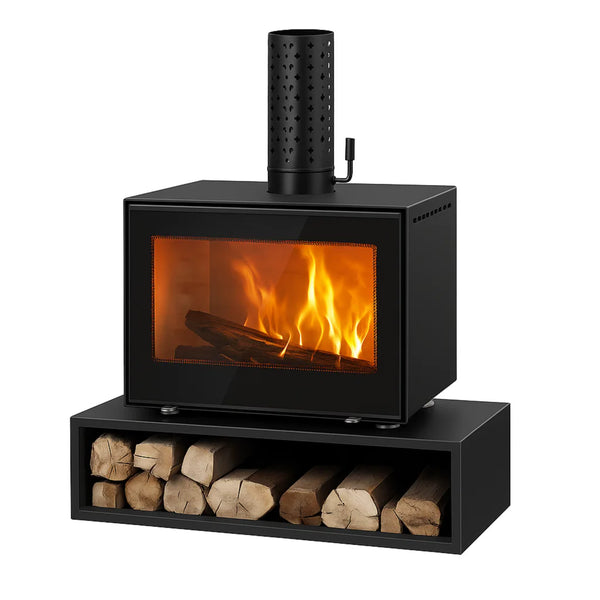 Indoor Wood Burning Fireplace Designed for Modern Living, Tempered Glass Front, 7.5 kW Heat, Built-In Log Storage