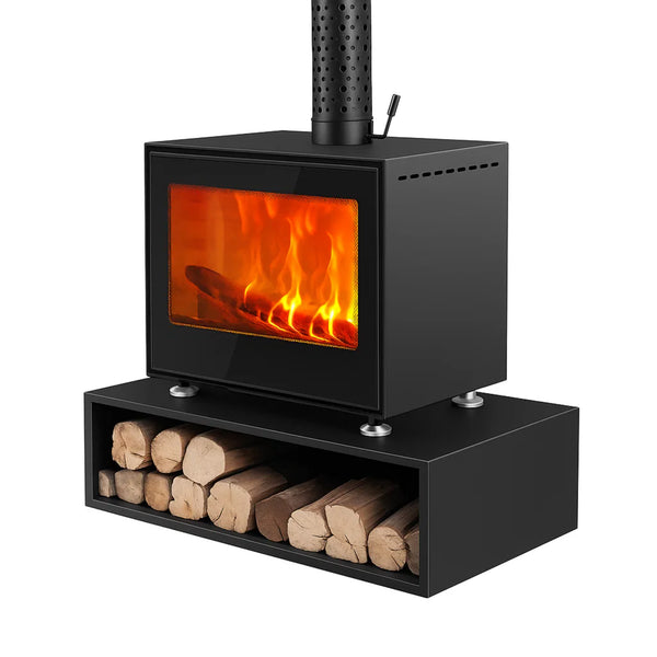 Indoor Wood Burning Fireplace Designed for Modern Living, Tempered Glass Front, 7.5 kW Heat, Built-In Log Storage